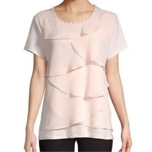 Karl Lagerfeld Paris Tiered Short Sleeve Soft Pink Layered Blouse